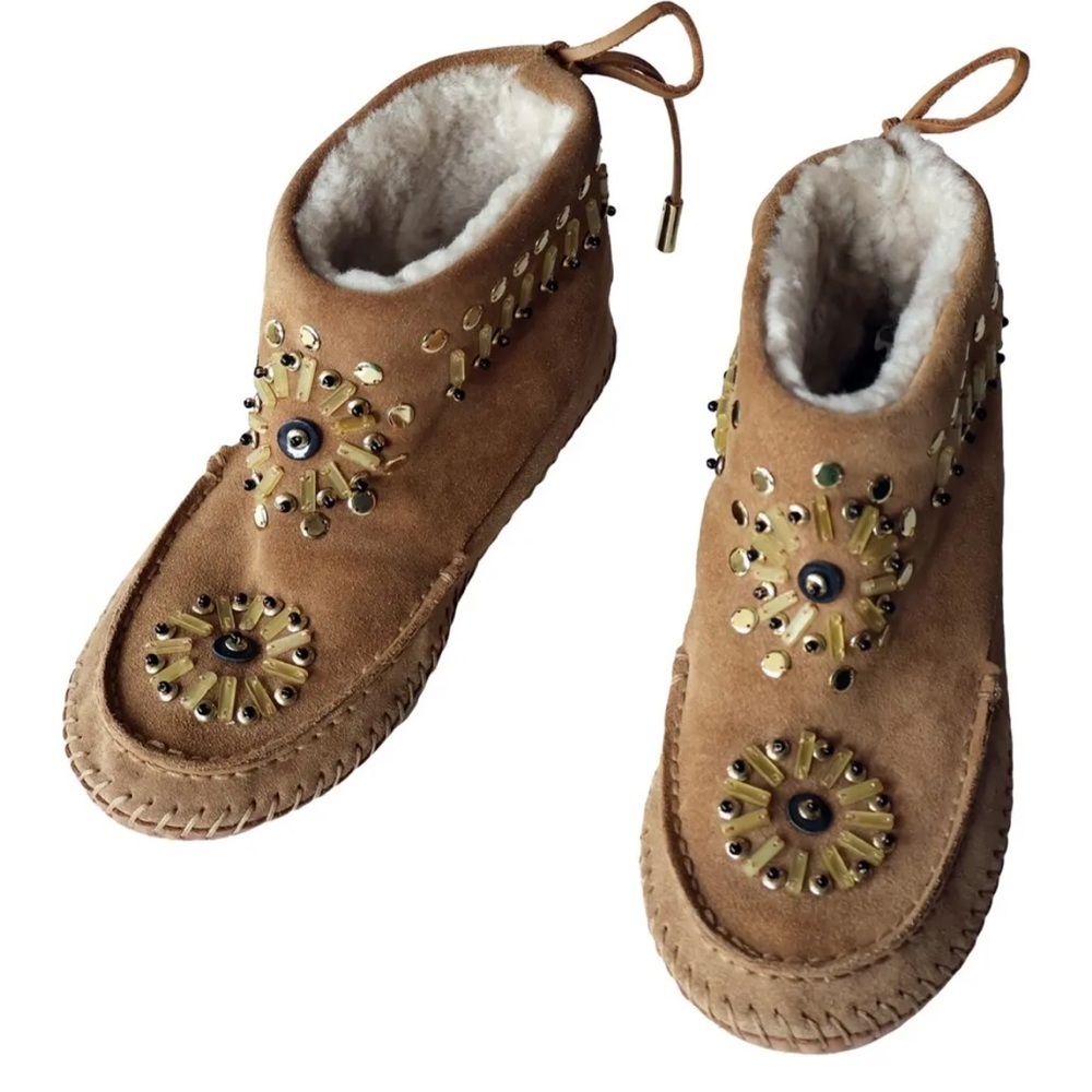 Rare Tory Burch Zuzu Beaded Brown Suede Shearling Lined Moccasins